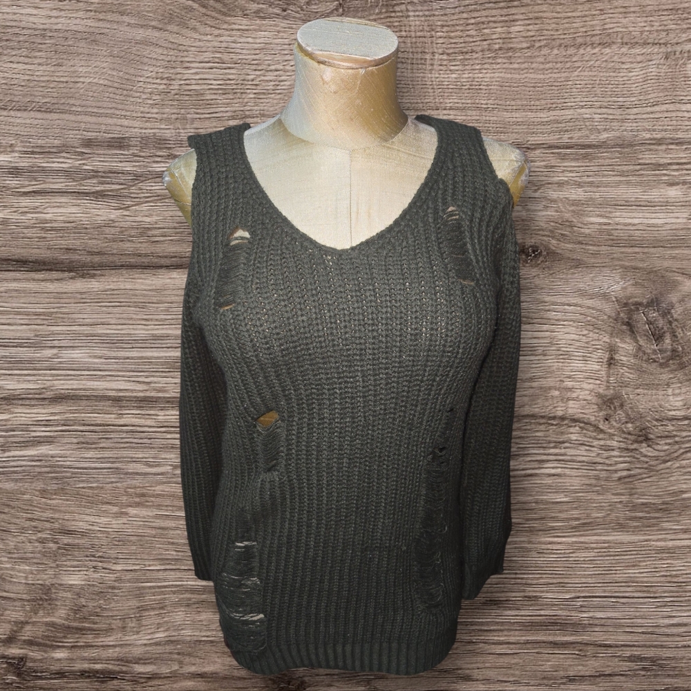No Comment Distressed Cold Shoulder Knit Sweater